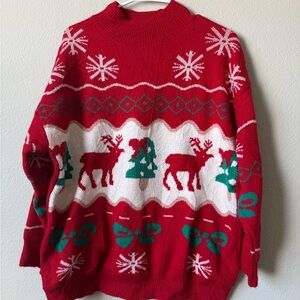 Festive Red Holiday Sweater with Reindeer and Snowflakes